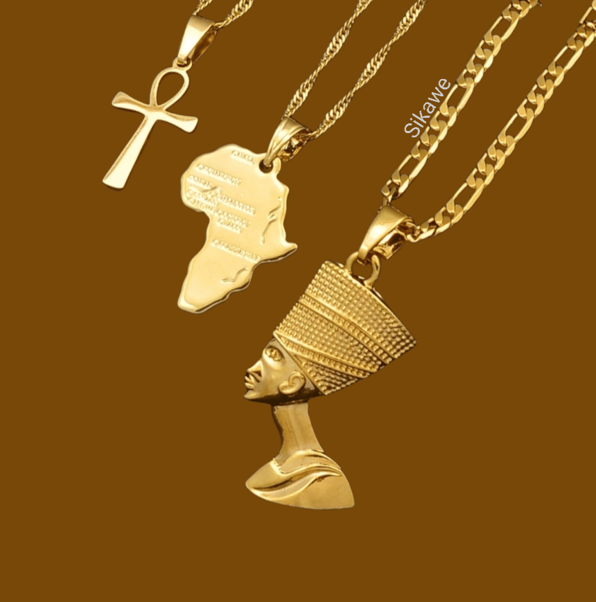 Nefertiti Africa Map Ankh Layered Necklace | African Statement Jewellery | Gold Layered Necklace