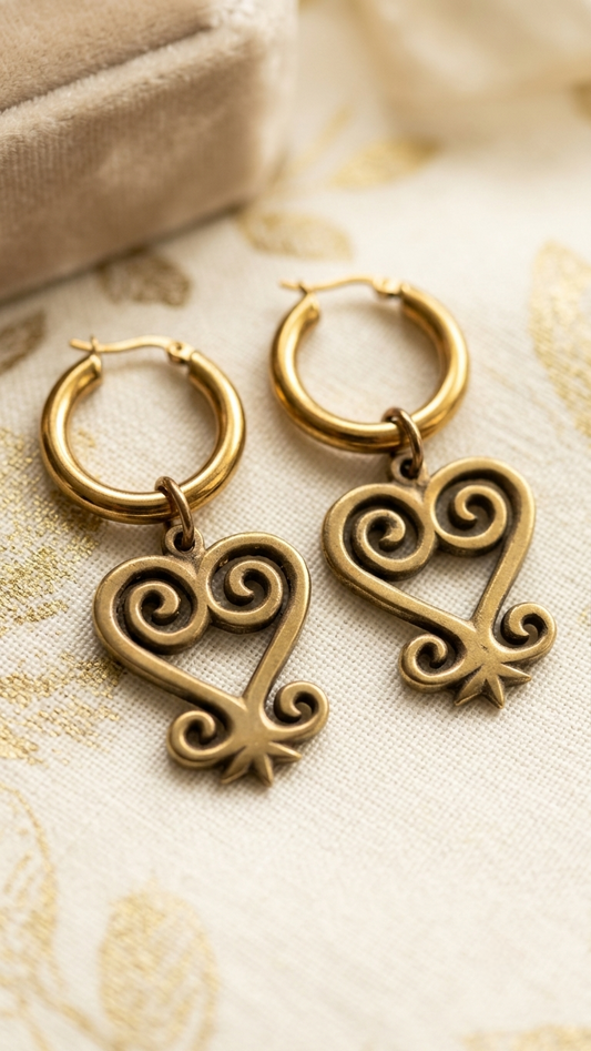Vintage Brass Adinkra Sankofa Hoop Earrings