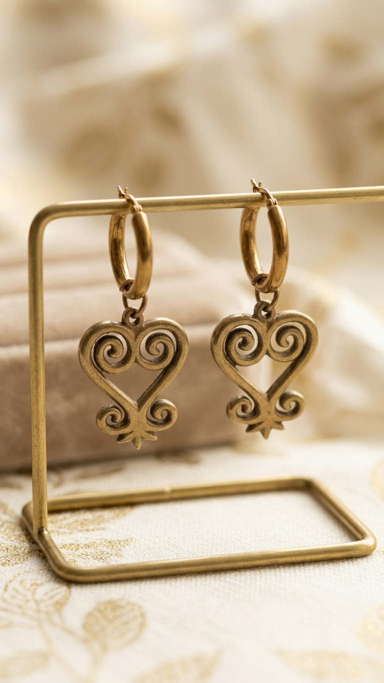 Vintage Brass Adinkra Sankofa Hoop Earrings