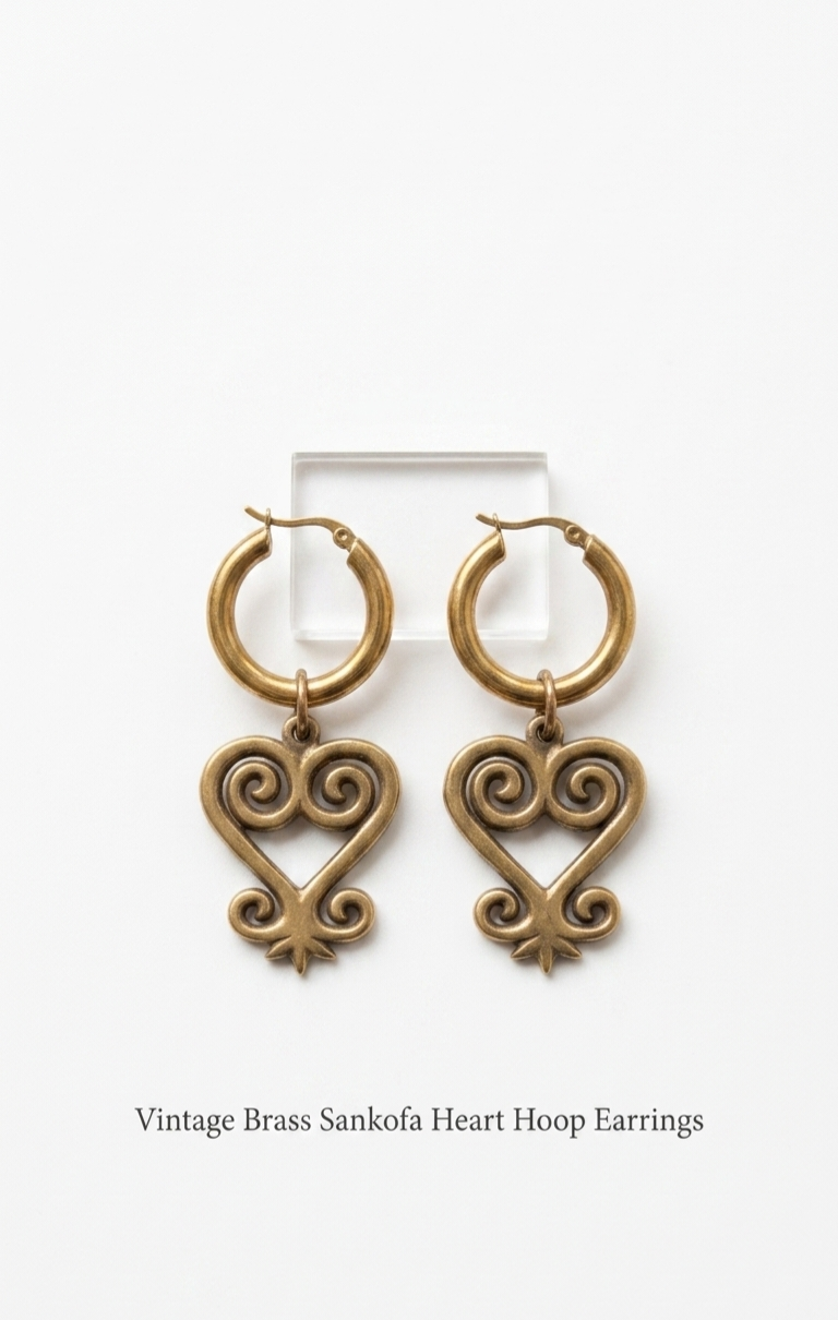 Vintage Brass Adinkra Sankofa Hoop Earrings