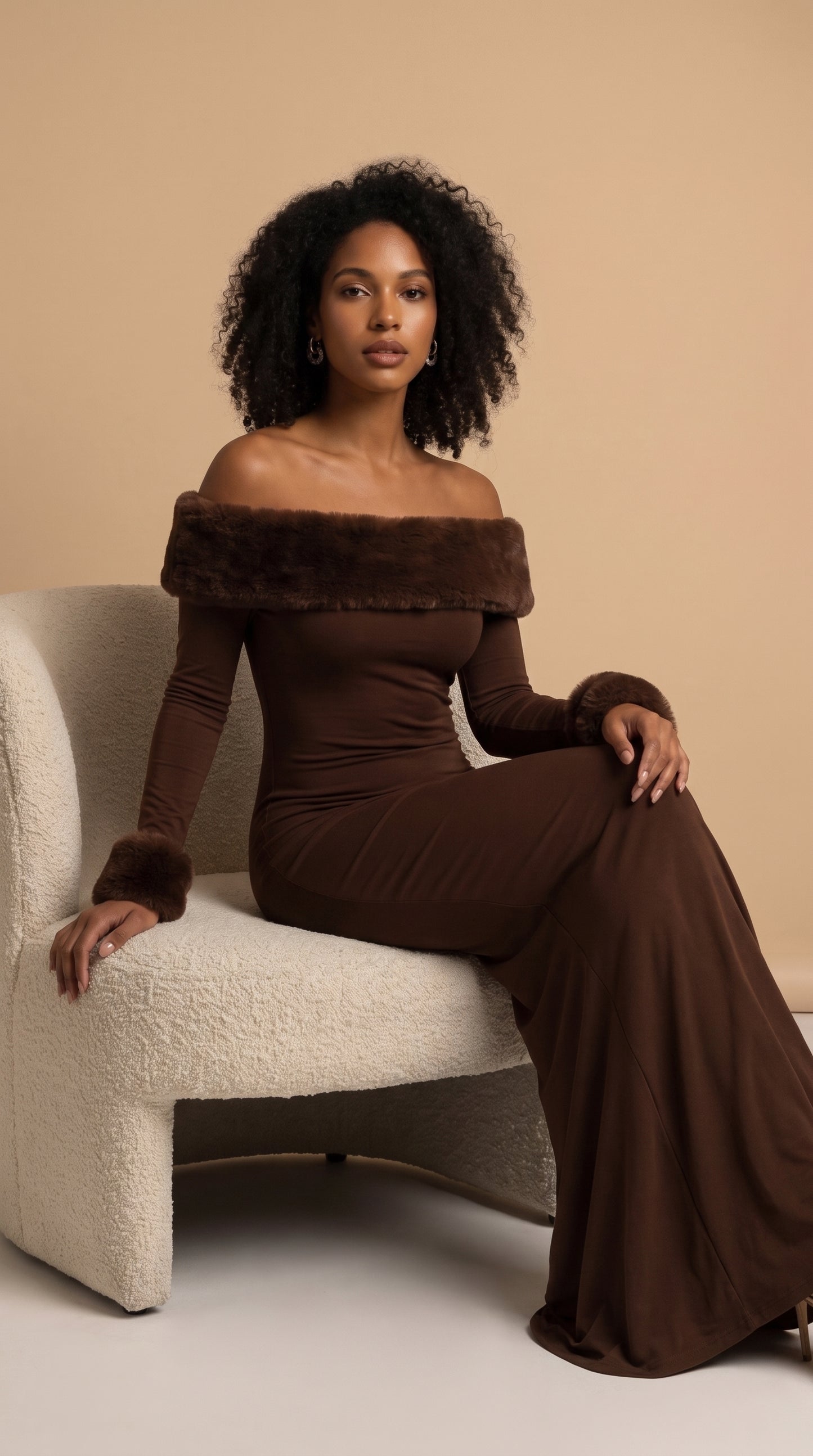 Amara Faux Fur Bardot Maxi Dress – Chocolate