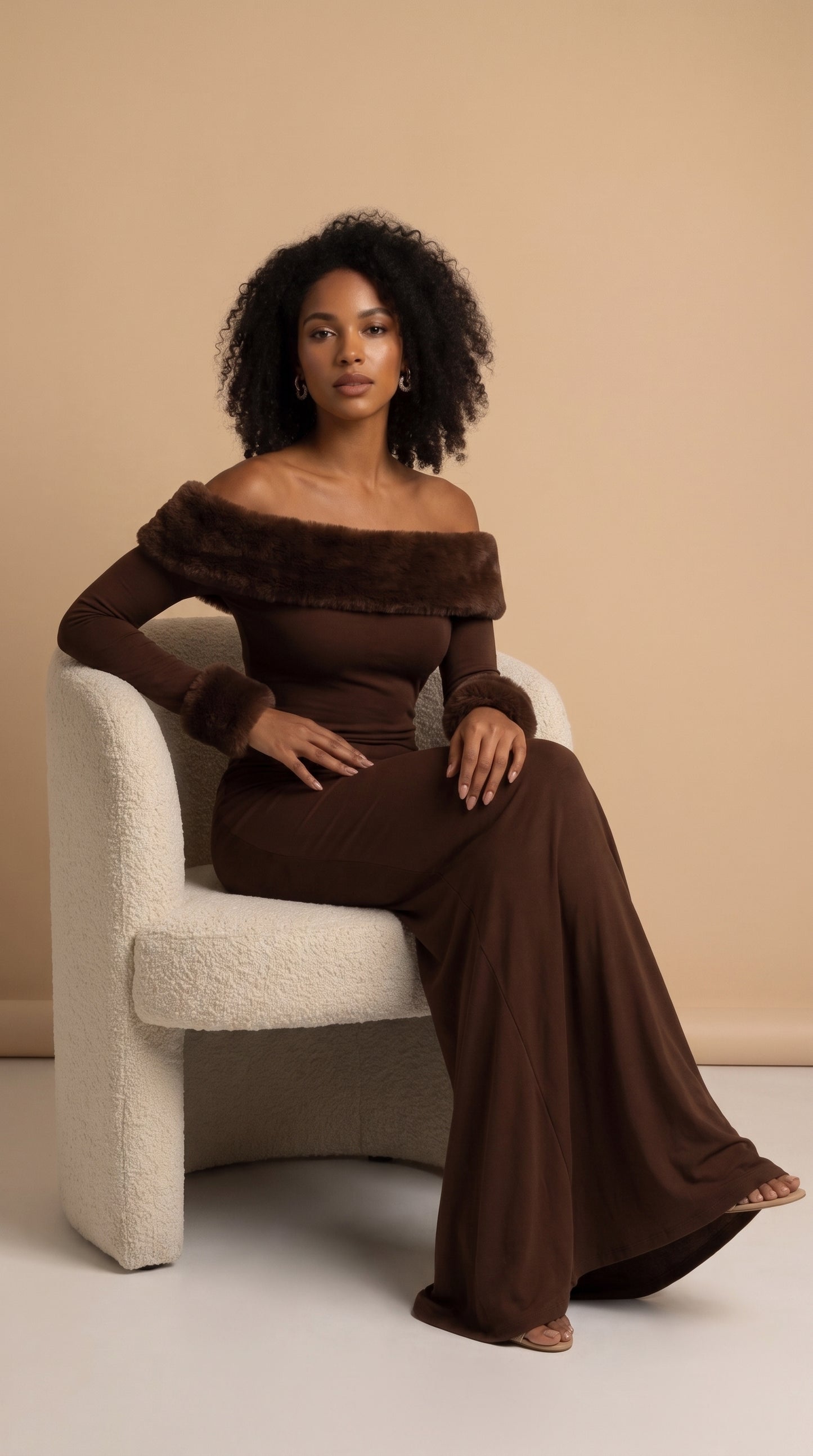 Amara Faux Fur Bardot Maxi Dress – Chocolate