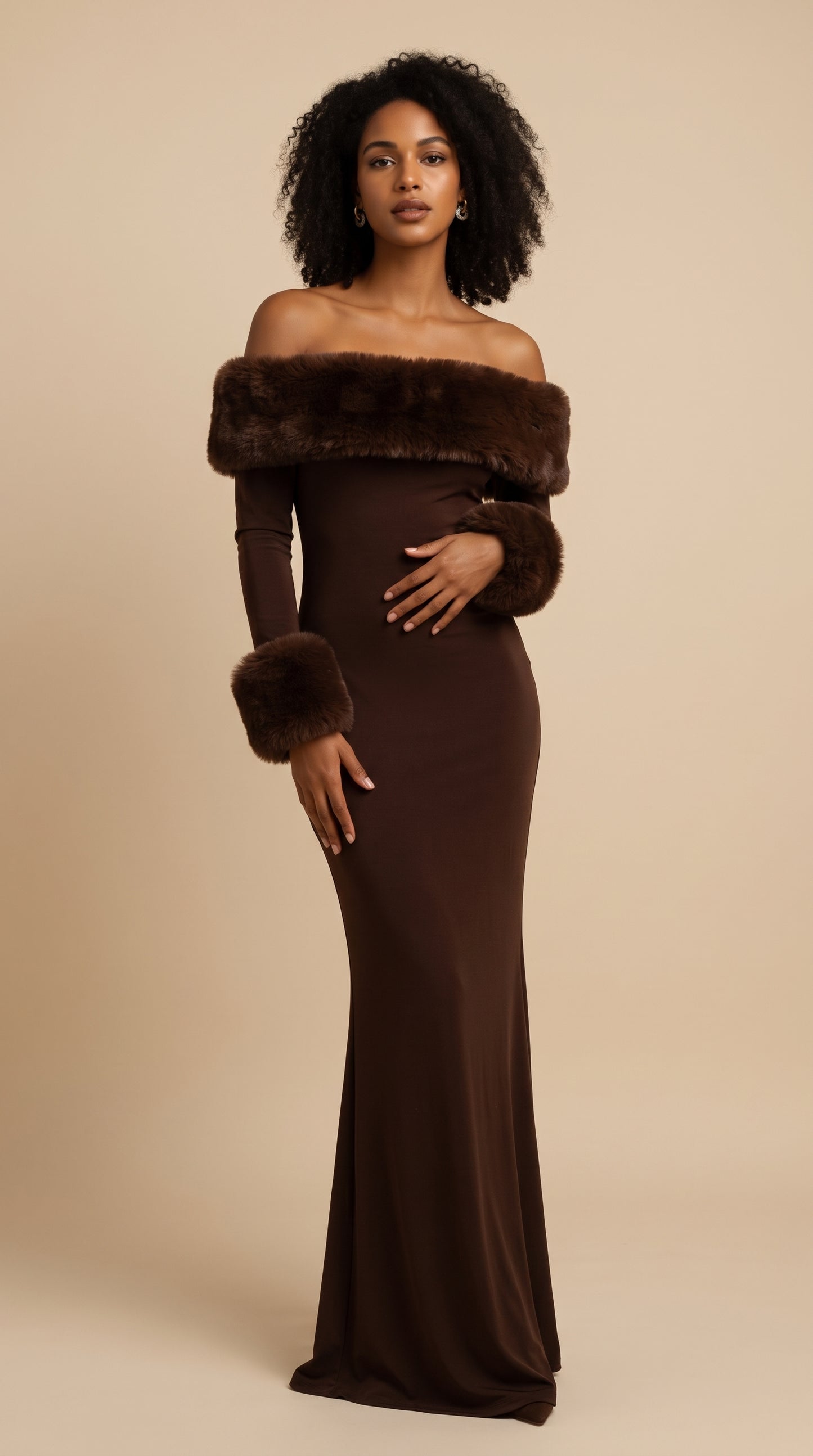 Amara Faux Fur Bardot Maxi Dress – Chocolate