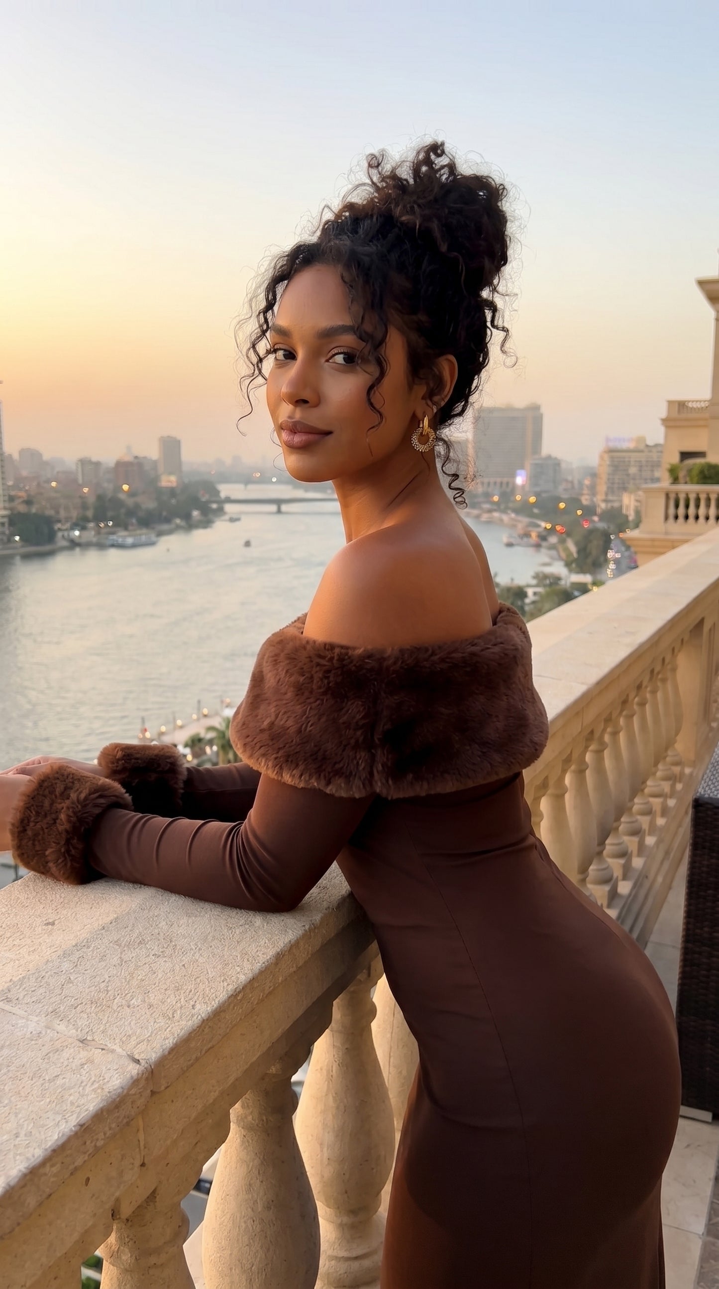 Amara Faux Fur Bardot Maxi Dress – Chocolate