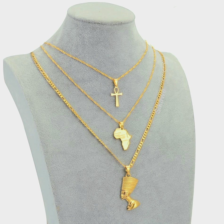 Nefertiti Africa Map Ankh Layered Necklace | African Statement Jewellery | Gold Layered Necklace