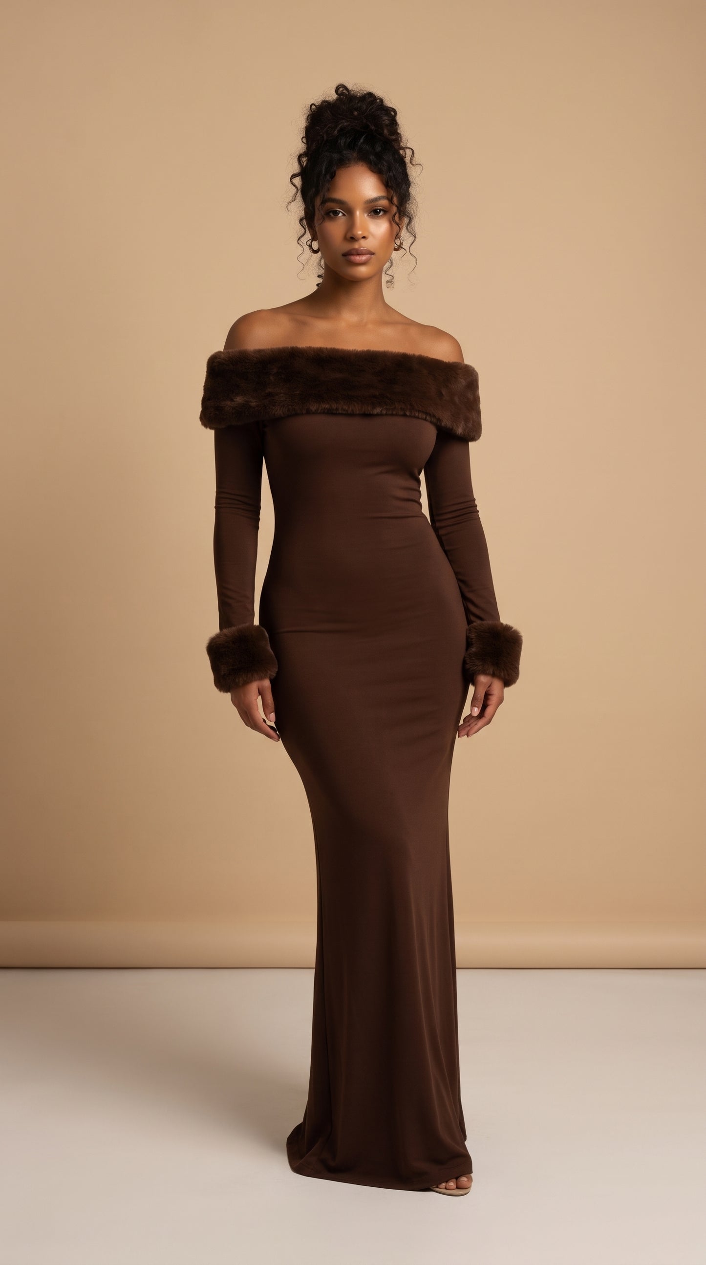 Amara Faux Fur Bardot Maxi Dress – Chocolate