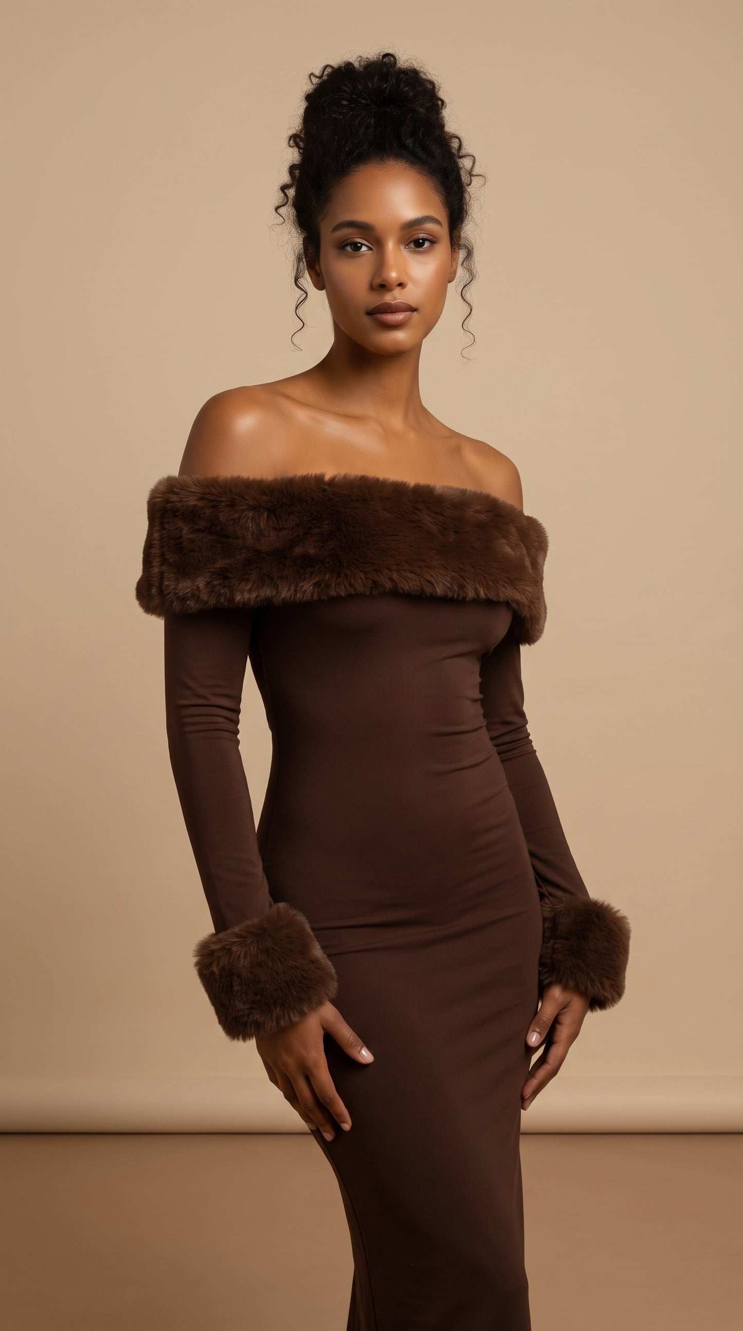 Amara Faux Fur Bardot Maxi Dress – Chocolate