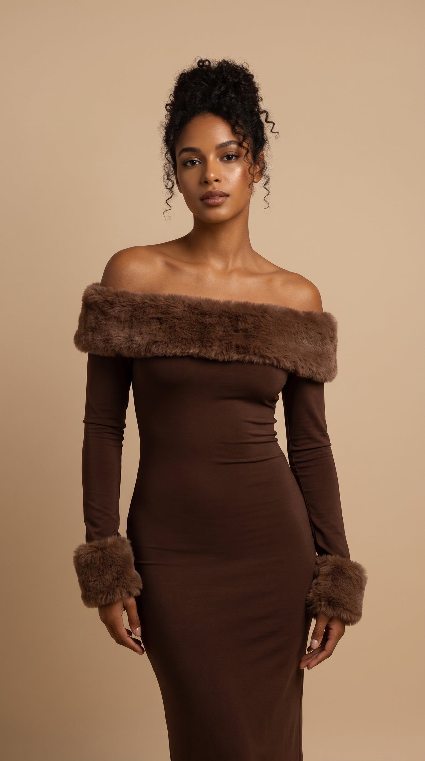 Amara Faux Fur Bardot Maxi Dress – Chocolate