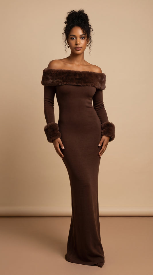 Amara Faux Fur Bardot Maxi Dress – Chocolate